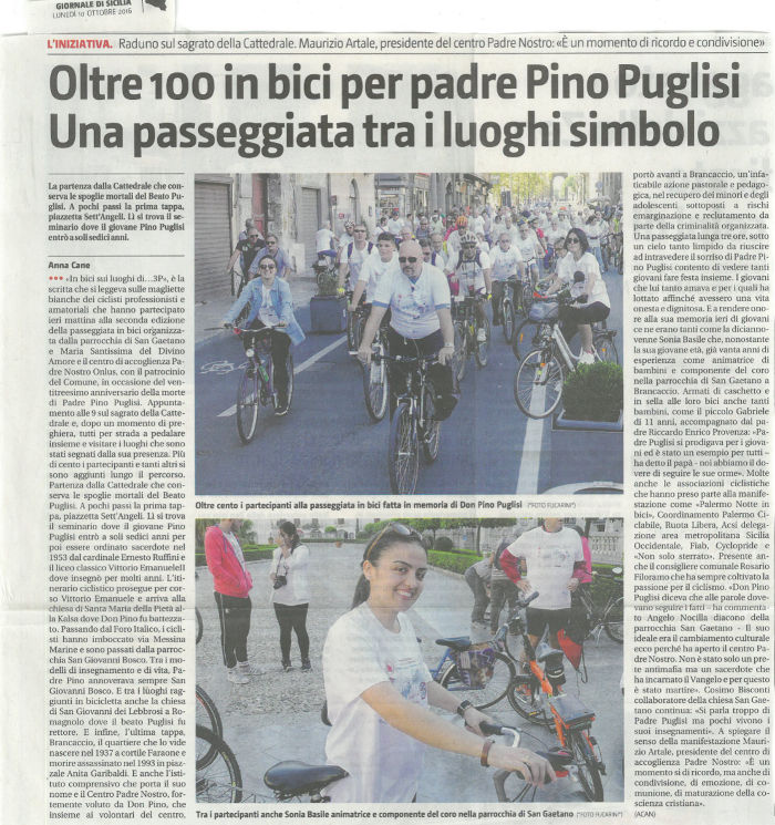 Oltre 100 in bici per padre Pino Puglisi. Una passeggiata tra i luoghi simbolo