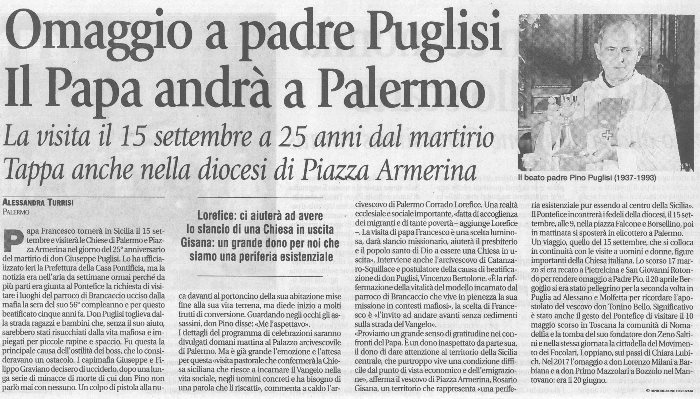 Omaggio a Padre Puglisi. Il Papa andr a Palermo