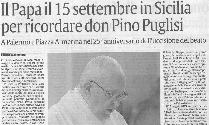 Il Papa il 15 settembre in Sicilia per ricordare don Pino Puglisi
