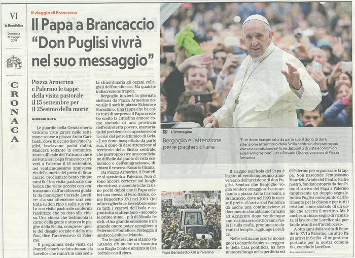 Il viaggio di Francesco. Il Papa a Brancaccio 'Don Puglisi vivr nel suo messaggio'