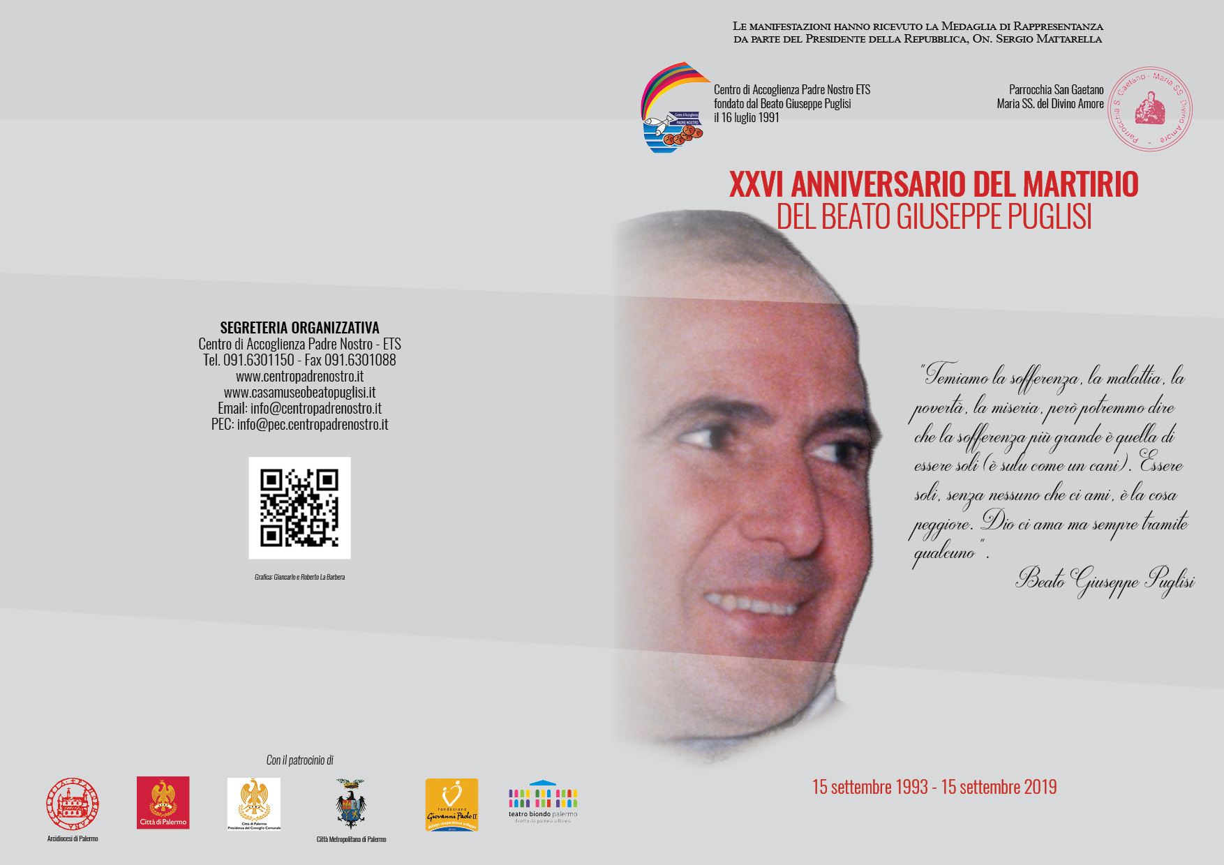 26° Anniversario del martirio del Beato Giuseppe Puglisi. Programma delle manifestazioni